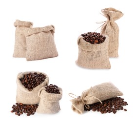 Image of Burlap bags with roasted coffee beans isolated on white, set