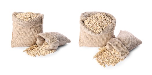 Image of Burlap bags with pearl barley isolated on white, collage