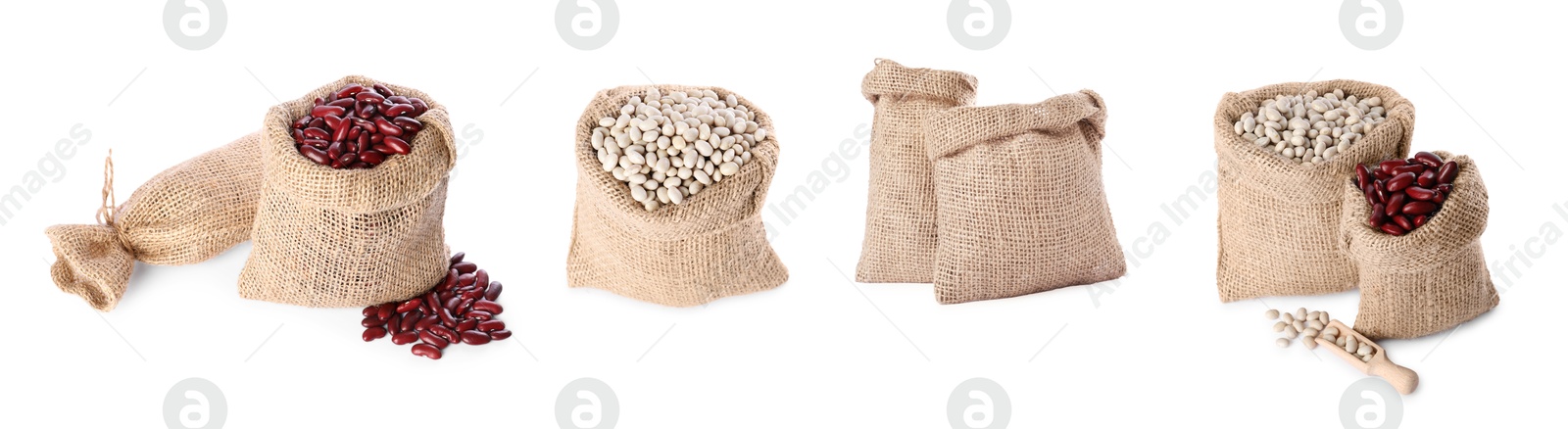 Image of Burlap bags with different beans isolated on white, set