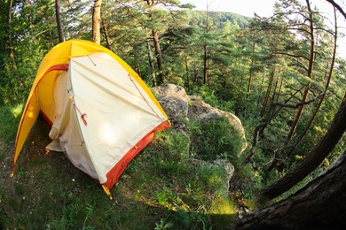 Photo of Modern camping tent in forest at summer, space for text. Fisheye lens effect