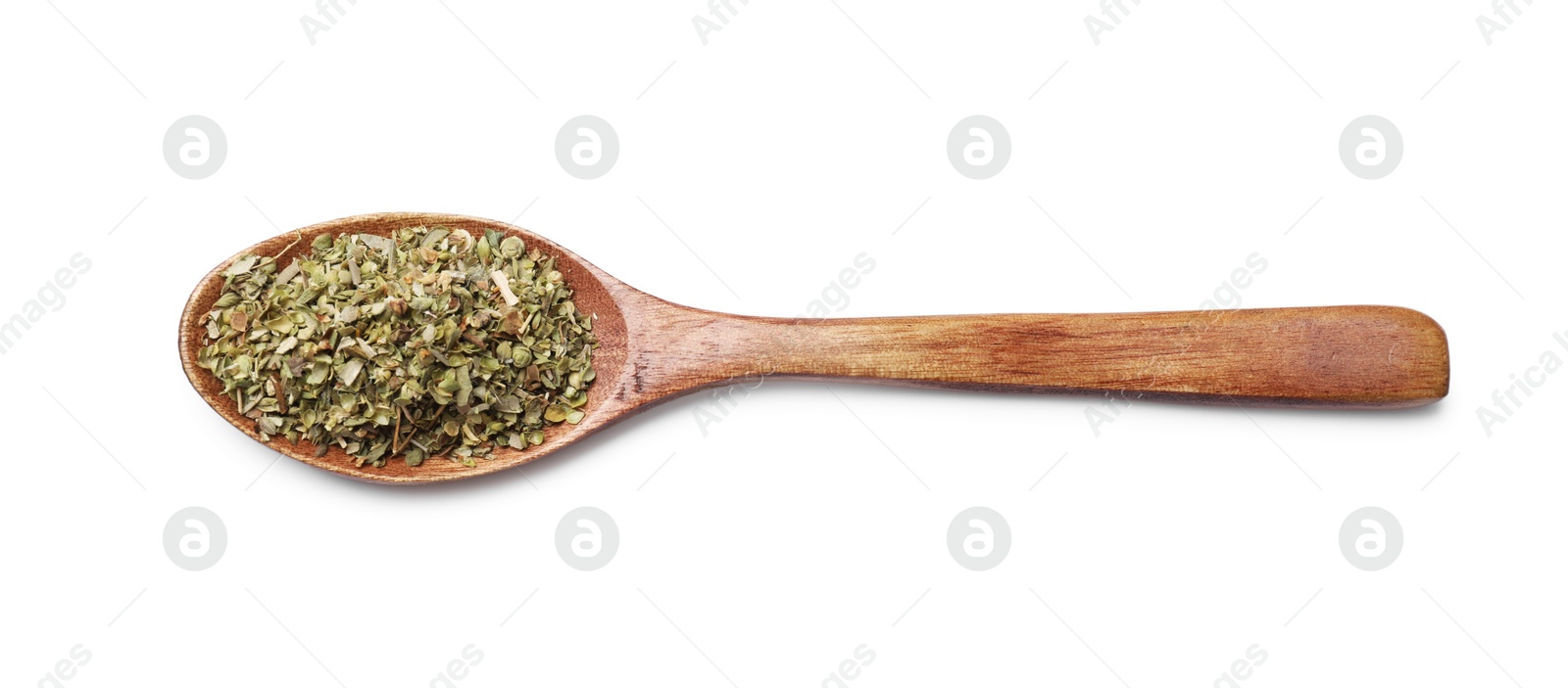 Photo of Dried oregano in wooden spoon isolated on white, top view