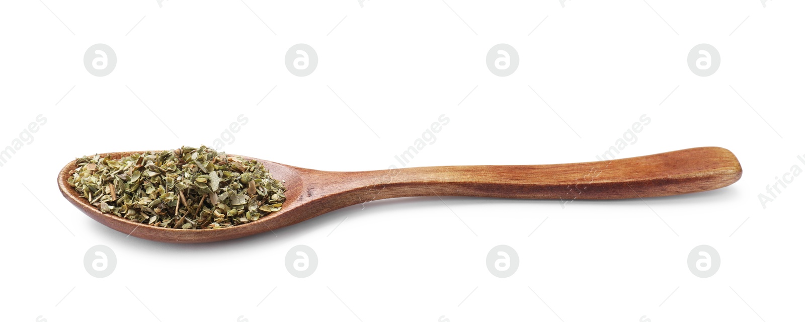 Photo of Dried oregano in wooden spoon isolated on white