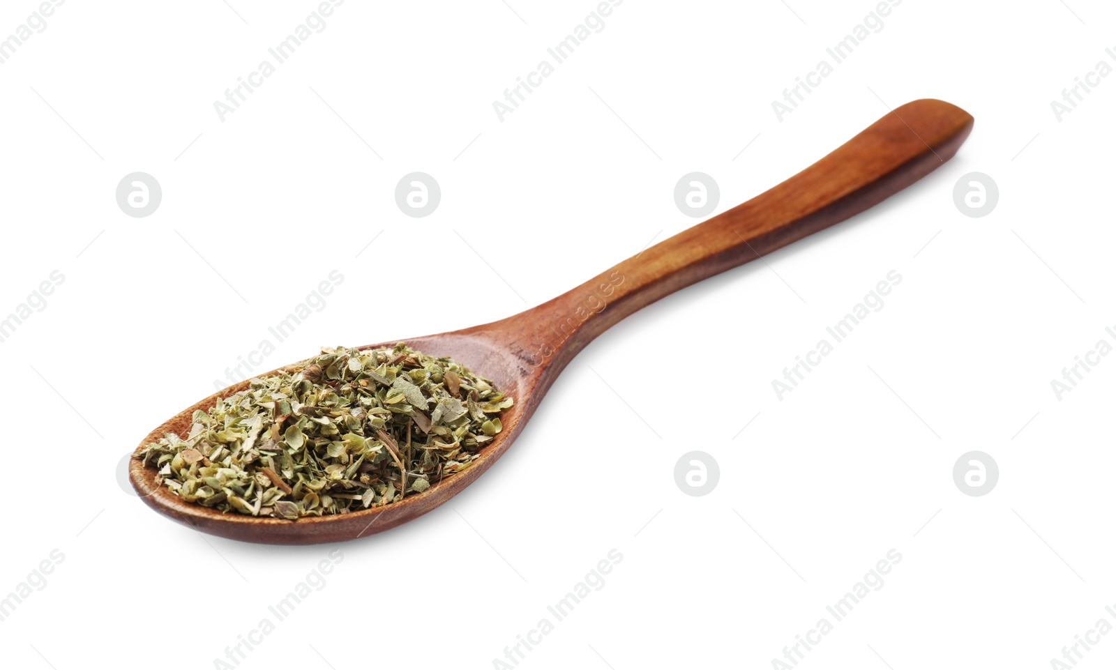 Photo of Dried oregano in wooden spoon isolated on white