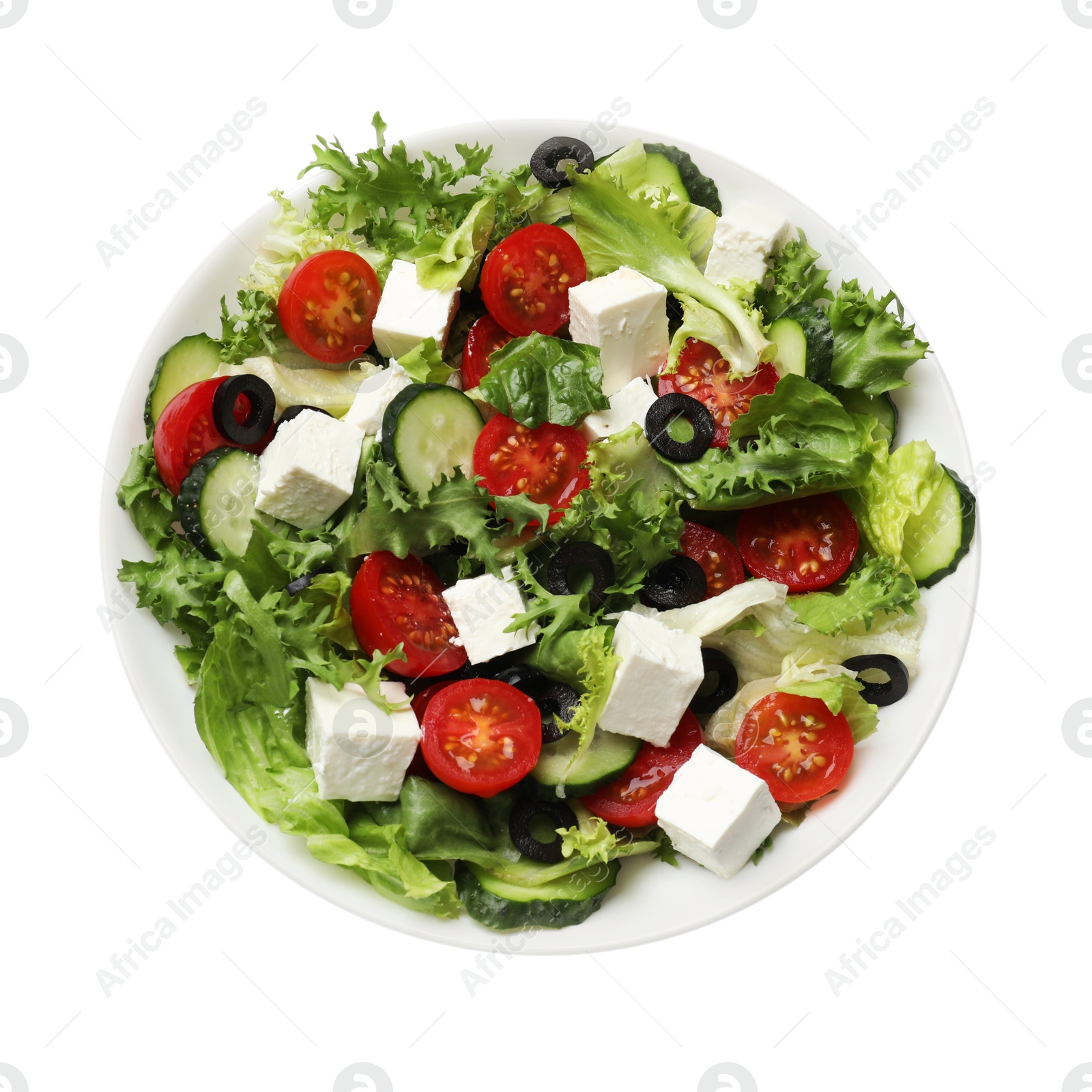 Photo of Delicious salad with feta cheese isolated on white, top view