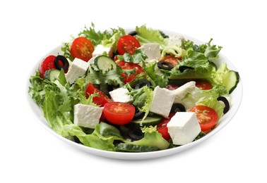 Photo of Delicious salad with feta cheese isolated on white