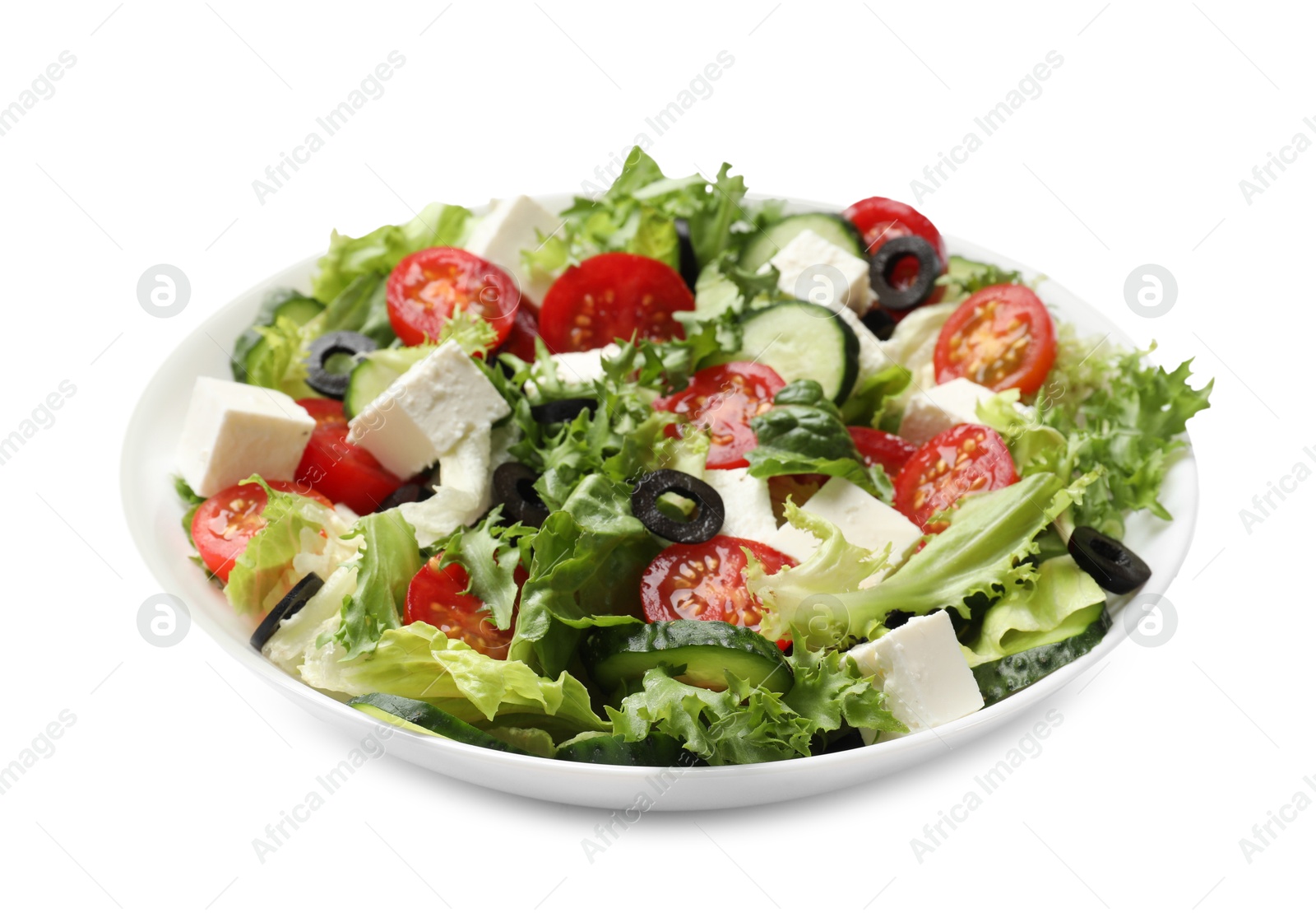 Photo of Delicious salad with feta cheese isolated on white