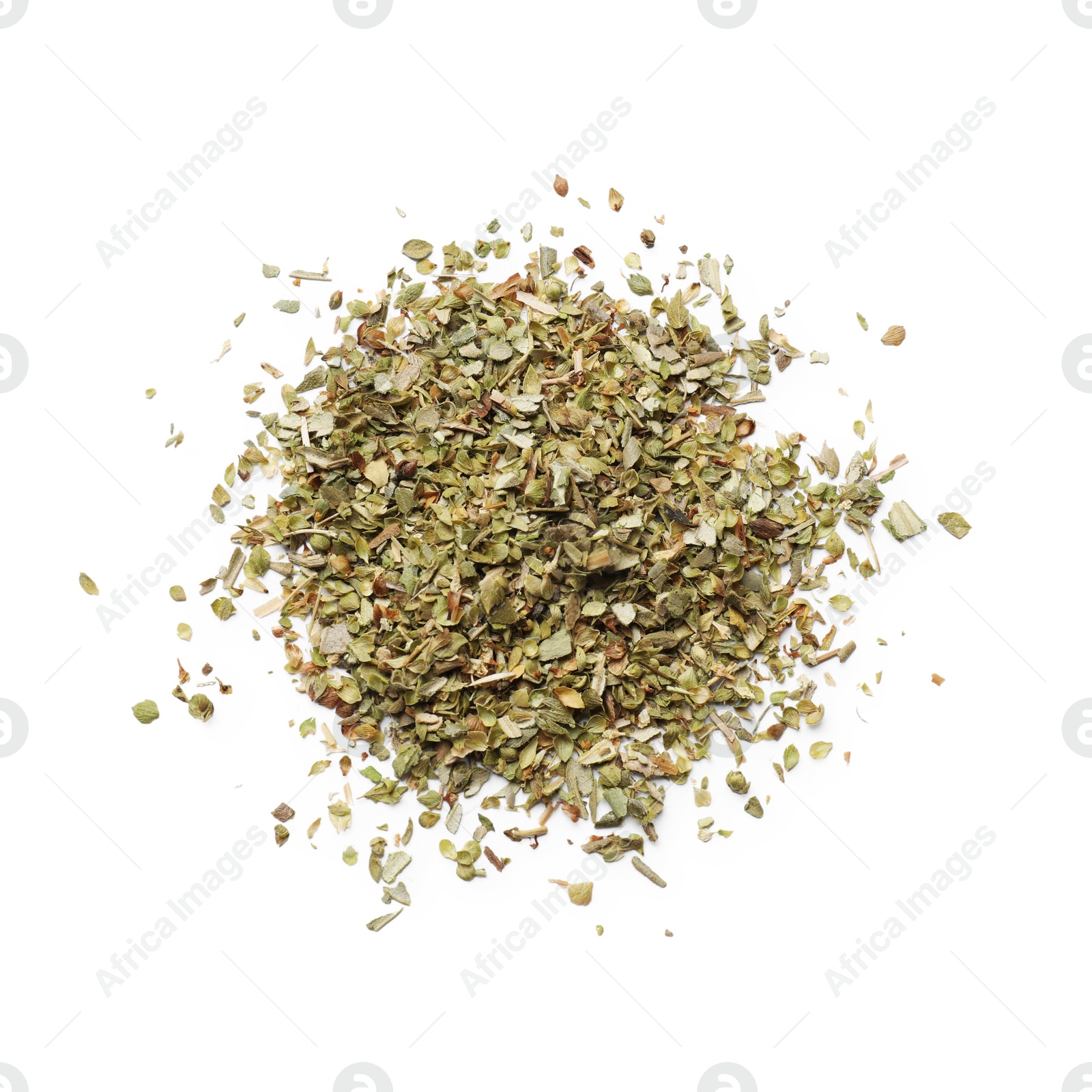 Photo of Heap of dried oregano isolated on white, top view