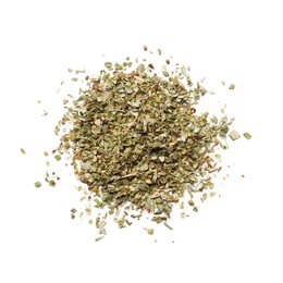 Photo of Heap of dried oregano isolated on white, top view