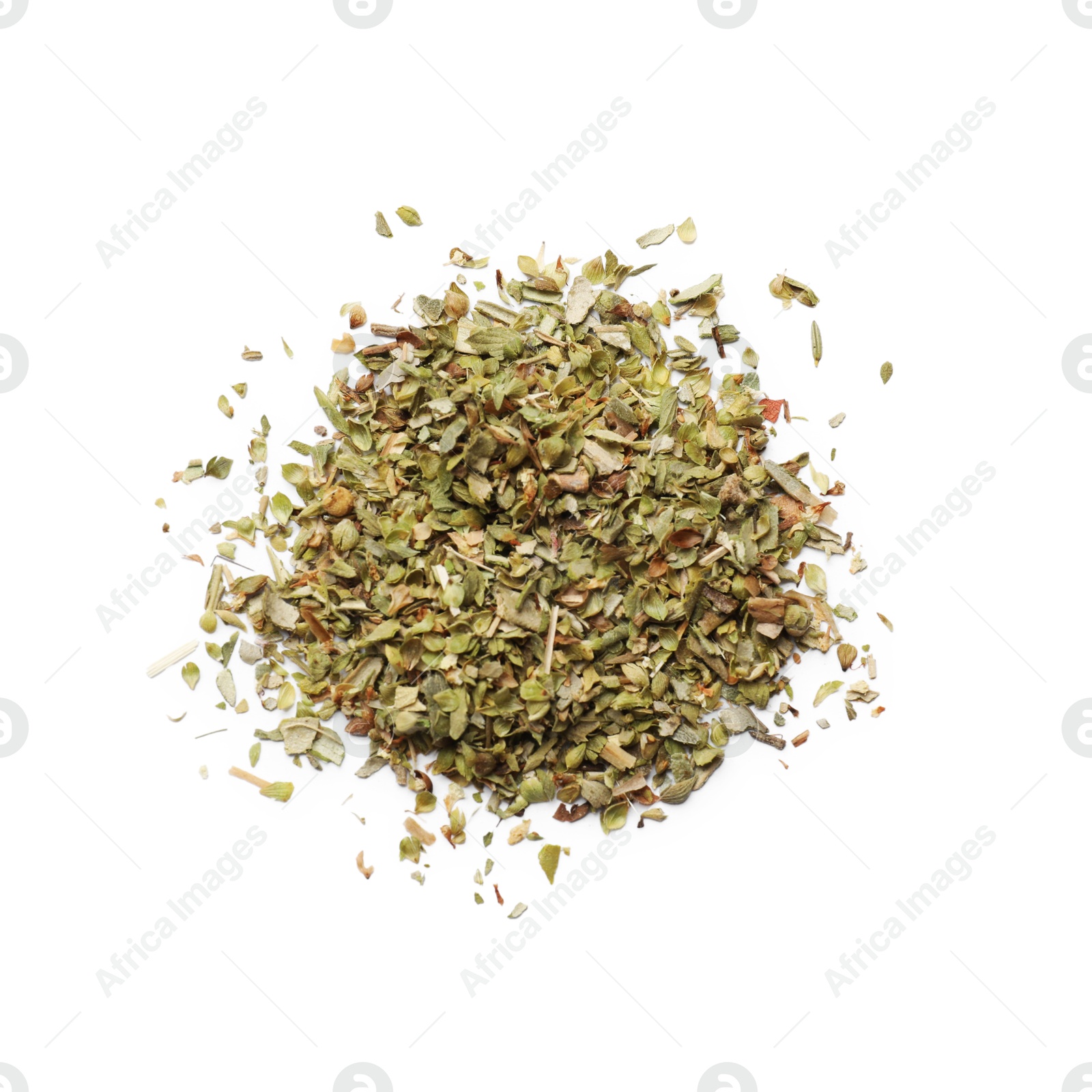 Photo of Heap of dried oregano isolated on white, top view