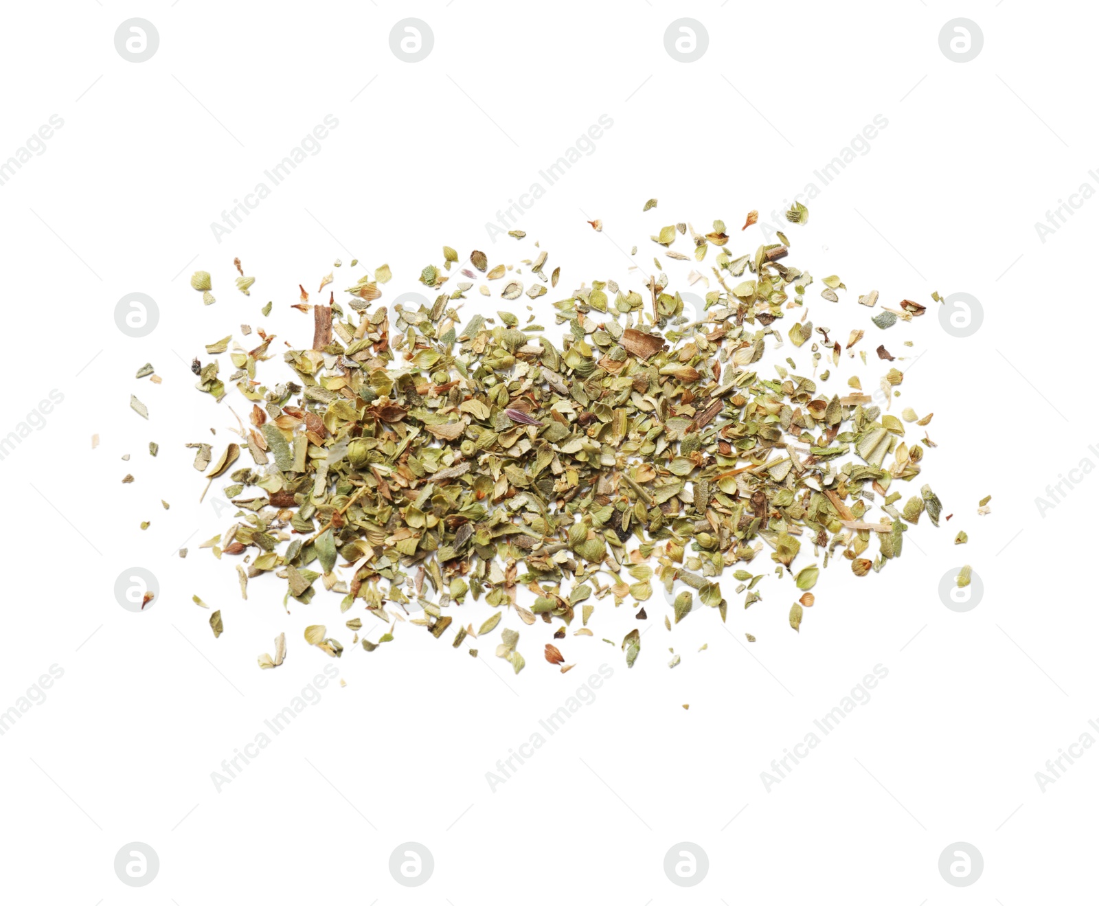 Photo of Heap of dried oregano isolated on white, top view