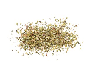 Photo of Heap of dried oregano isolated on white, top view