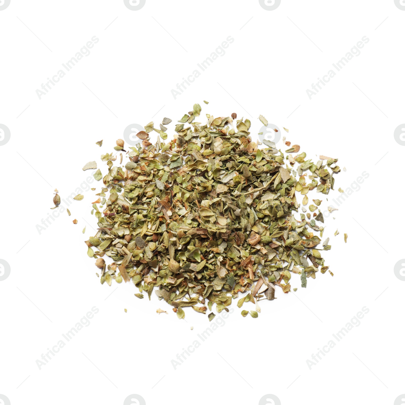 Photo of Heap of dried oregano isolated on white, top view