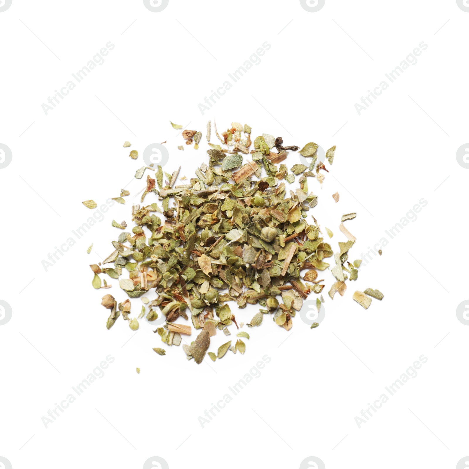 Photo of Heap of dried oregano isolated on white, top view