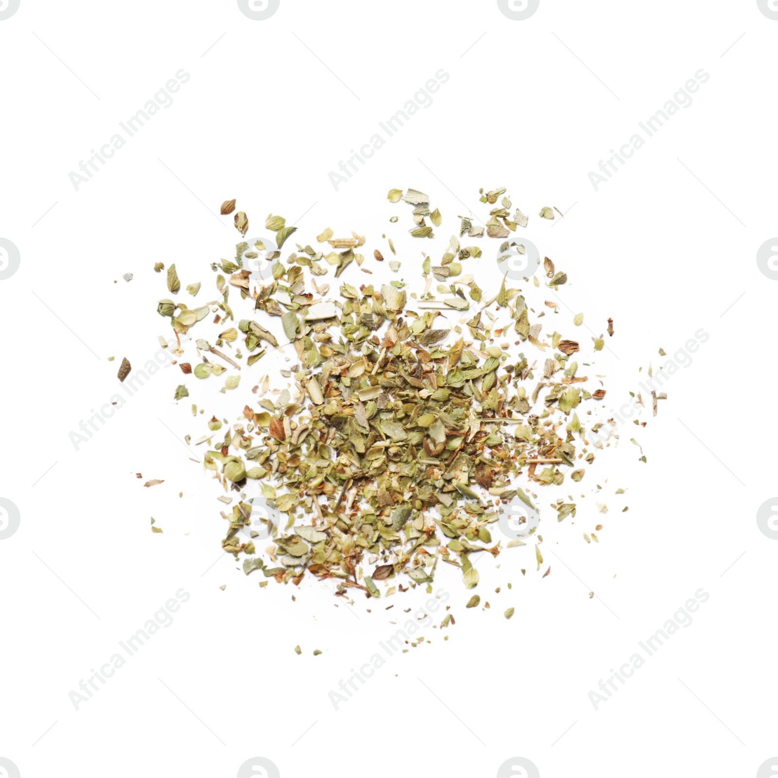 Photo of Heap of dried oregano isolated on white, top view