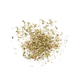 Photo of Heap of dried oregano isolated on white, top view