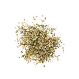 Photo of Heap of dried oregano isolated on white, top view