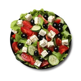 Photo of Delicious salad with feta cheese isolated on white, top view