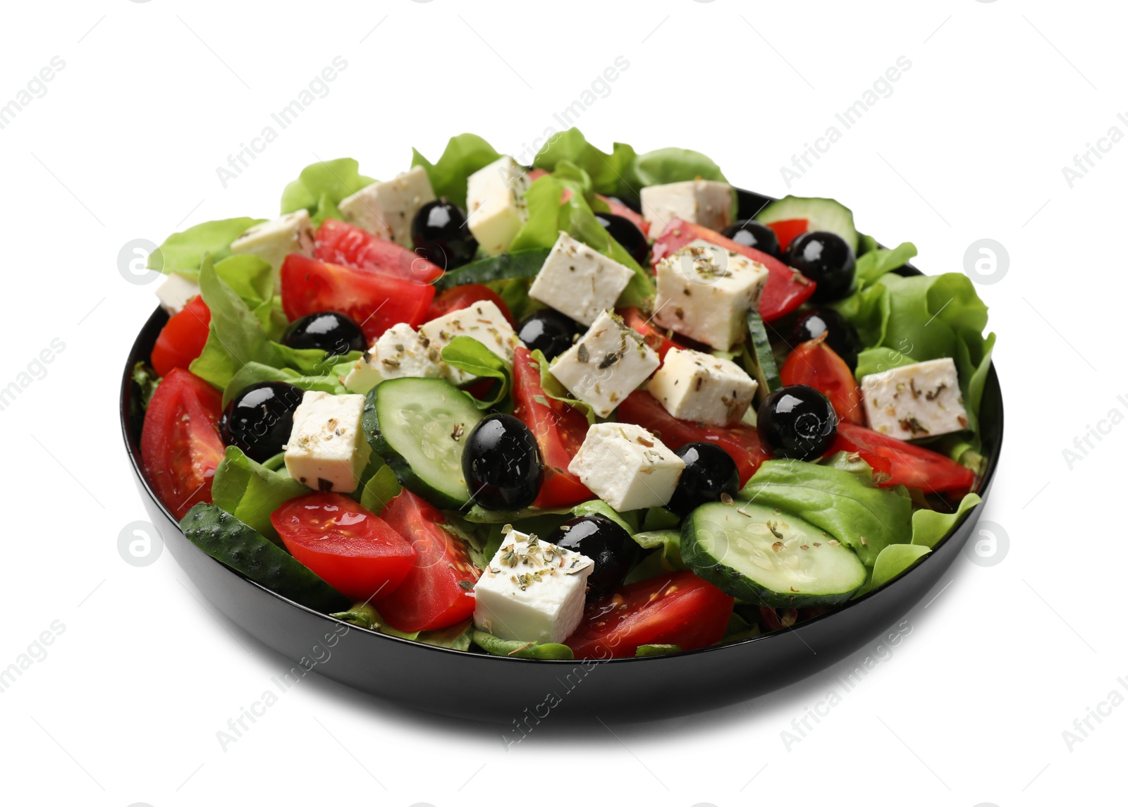 Photo of Delicious salad with feta cheese isolated on white