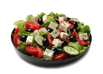 Photo of Delicious salad with feta cheese isolated on white