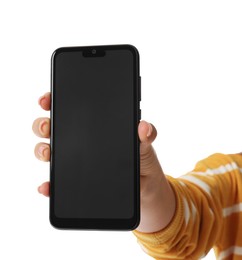 Photo of Woman showing smartphone with blank screen on white background, closeup