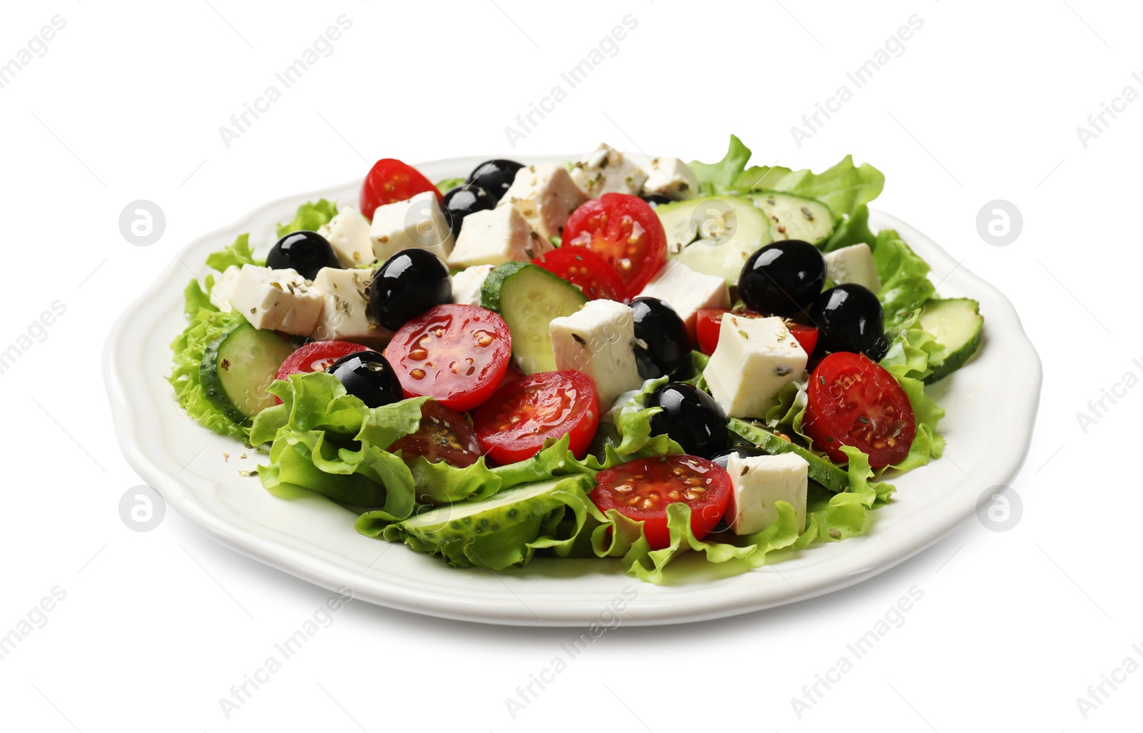 Photo of Delicious salad with feta cheese and ingredients isolated on white