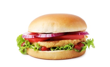 Photo of Delicious vegan burger with chickpea cutlet isolated on white