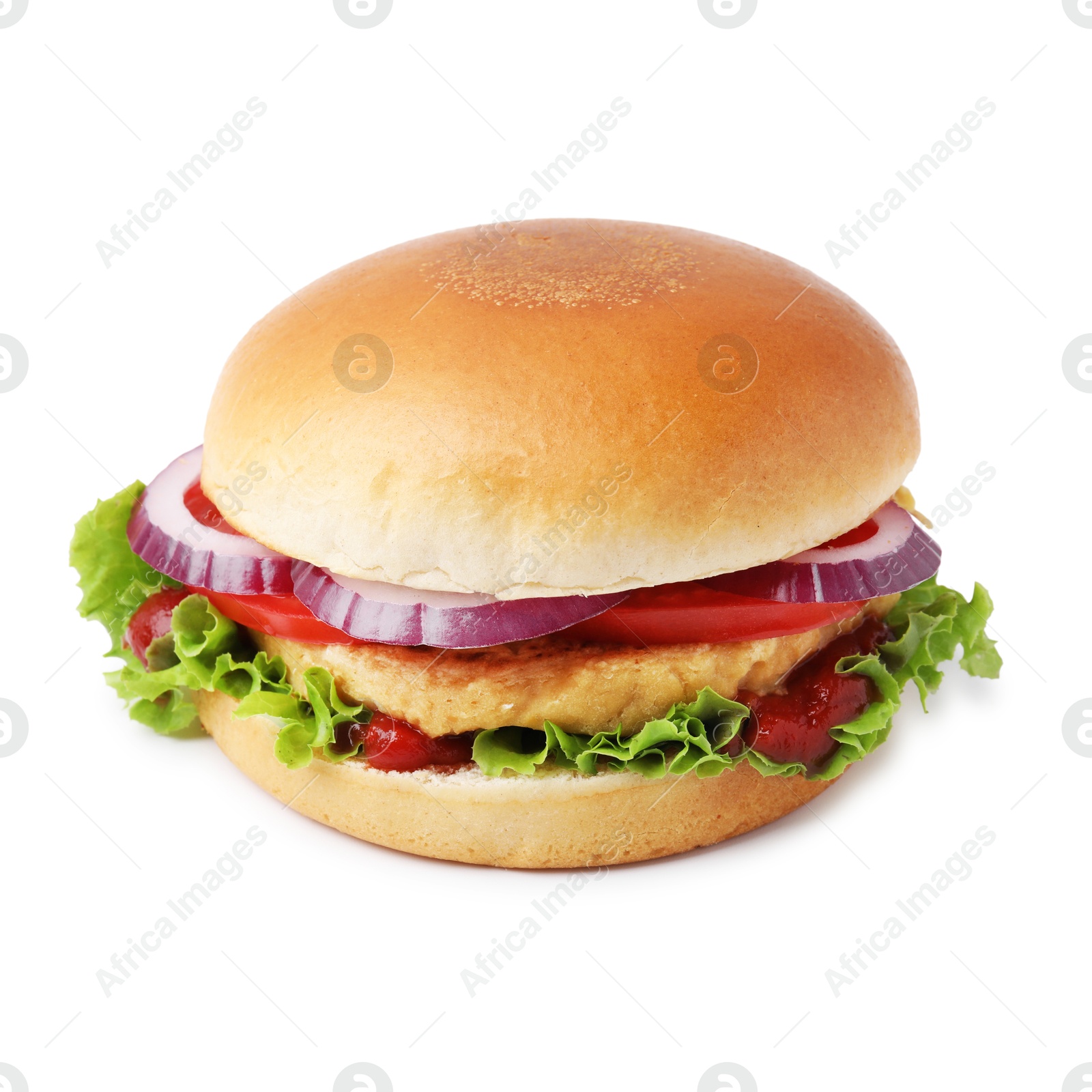 Photo of Delicious vegan burger with chickpea cutlet isolated on white