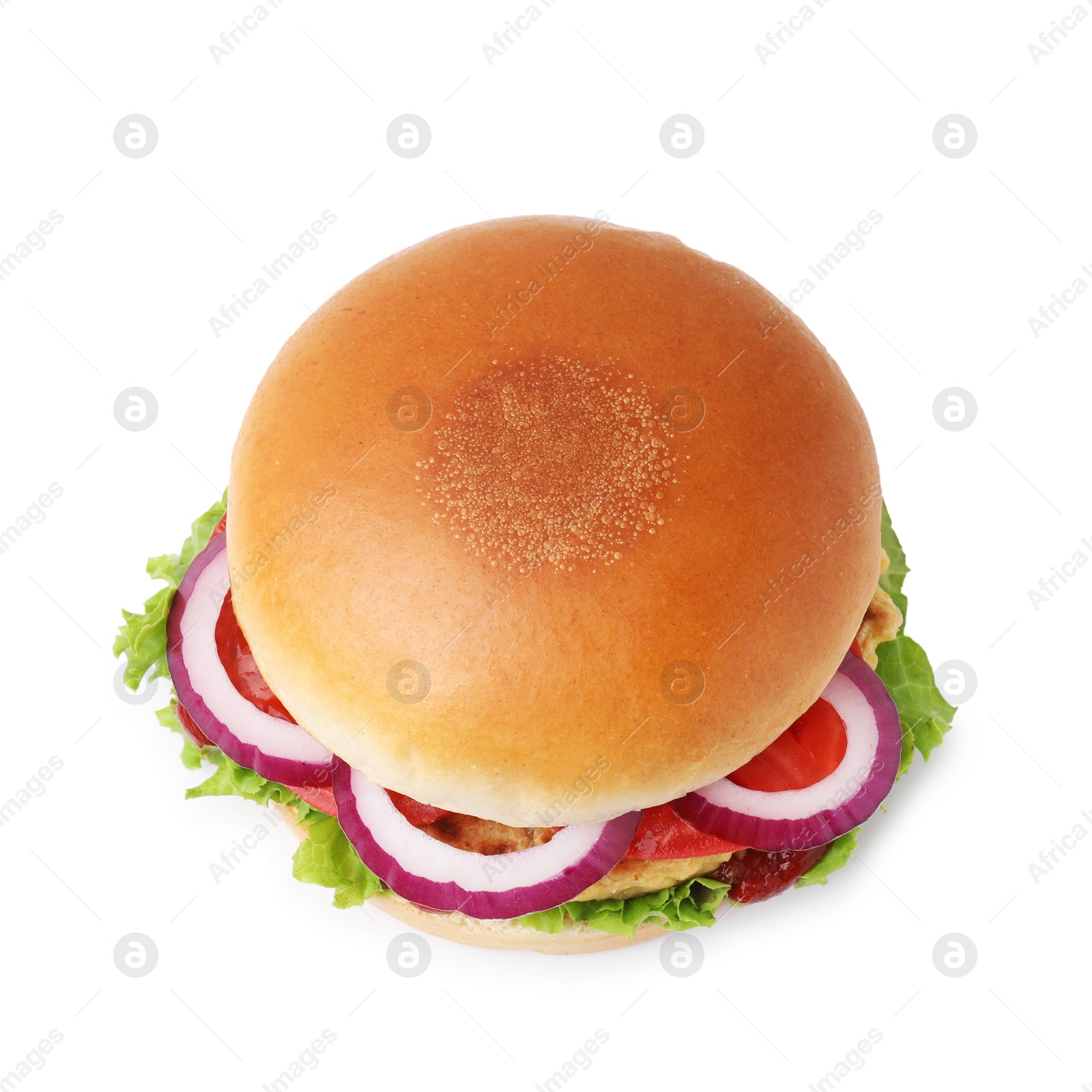 Photo of Delicious vegan burger with chickpea cutlet isolated on white, top view