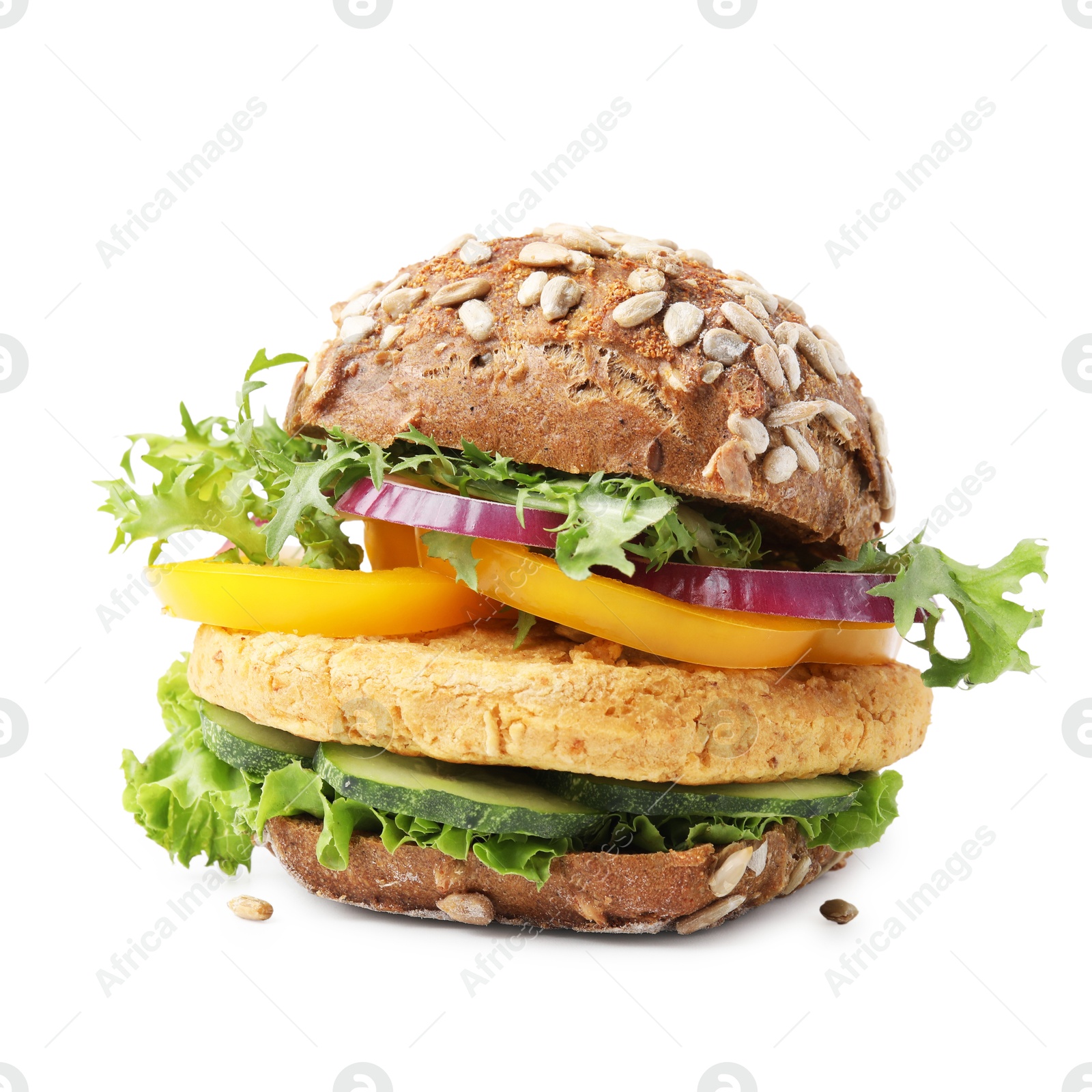 Photo of Delicious vegan burger with chickpea cutlet isolated on white