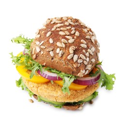 Photo of Delicious vegan burger with chickpea cutlet isolated on white