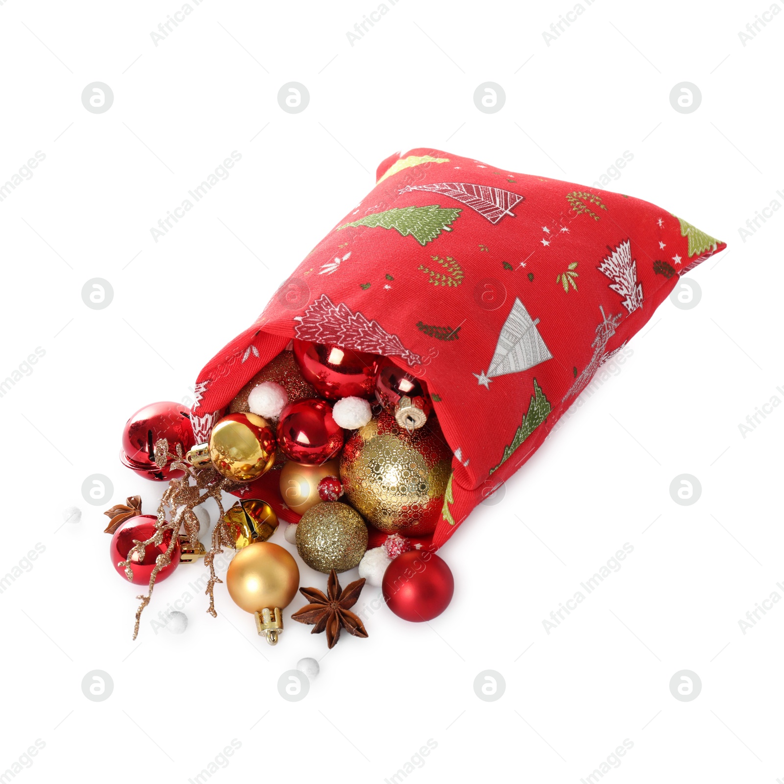 Photo of Santa Claus bag with Christmas balls isolated on white