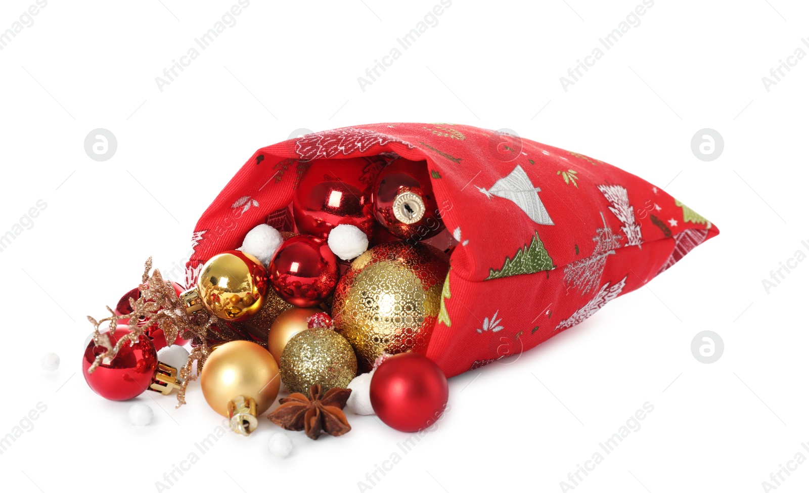 Photo of Santa Claus bag with Christmas balls isolated on white