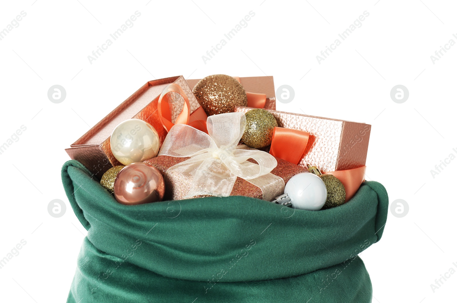 Photo of Santa Claus bag with gift boxes and Christmas balls isolated on white