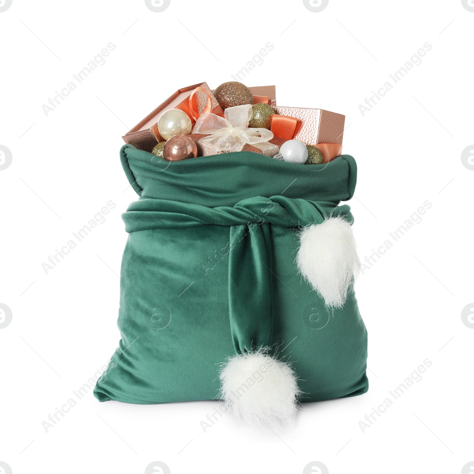 Photo of Santa Claus bag with gift boxes and Christmas balls isolated on white