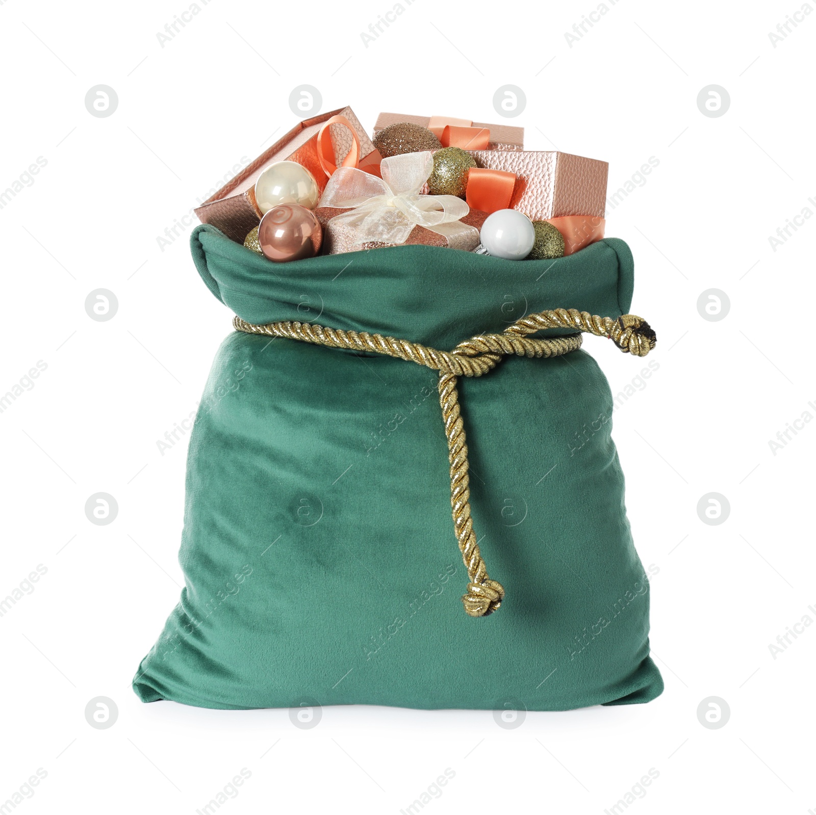 Photo of Santa Claus bag with gift boxes and Christmas balls isolated on white