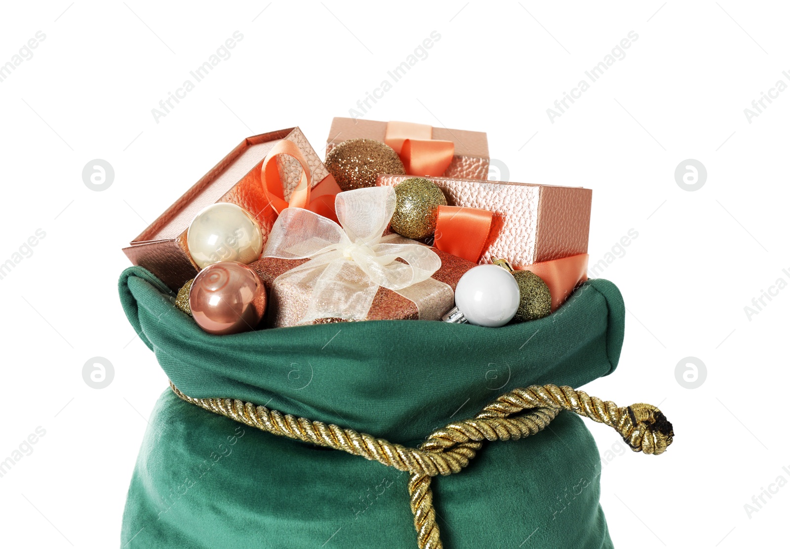 Photo of Santa Claus bag with gift boxes and Christmas balls isolated on white