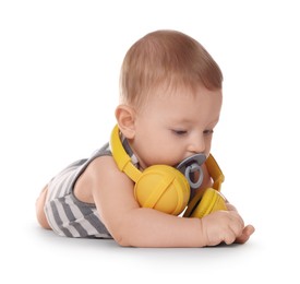 Photo of Cute little baby with pacifier and headphones on white background