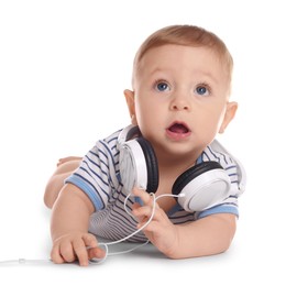 Photo of Cute little baby with headphones on white background