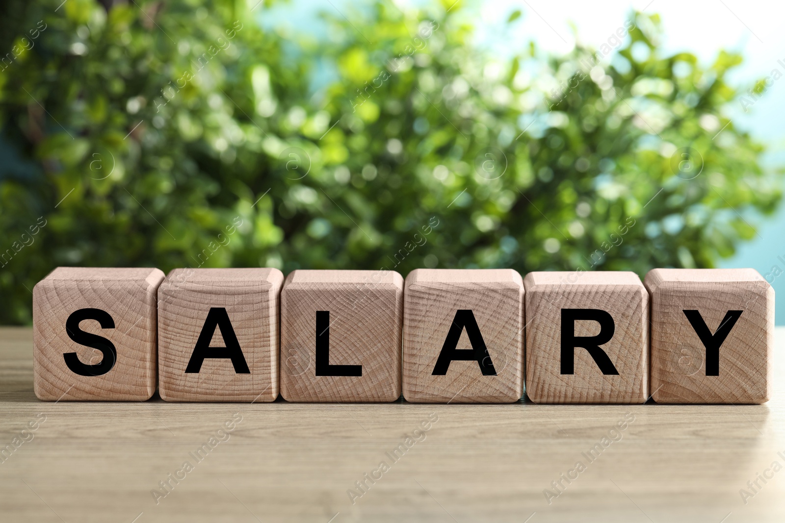 Photo of Word Salary made of cubes on light wooden table against blurred background, closeup. Space for text