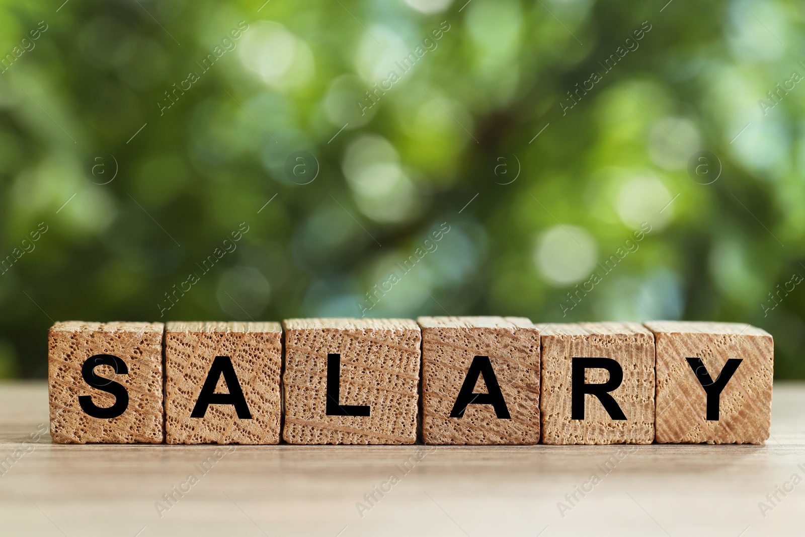 Photo of Word Salary made of cubes on light wooden table against blurred green background, closeup. Space for text