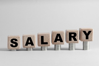 Photo of Word Salary made of wooden cubes and coins on light grey background, space for text