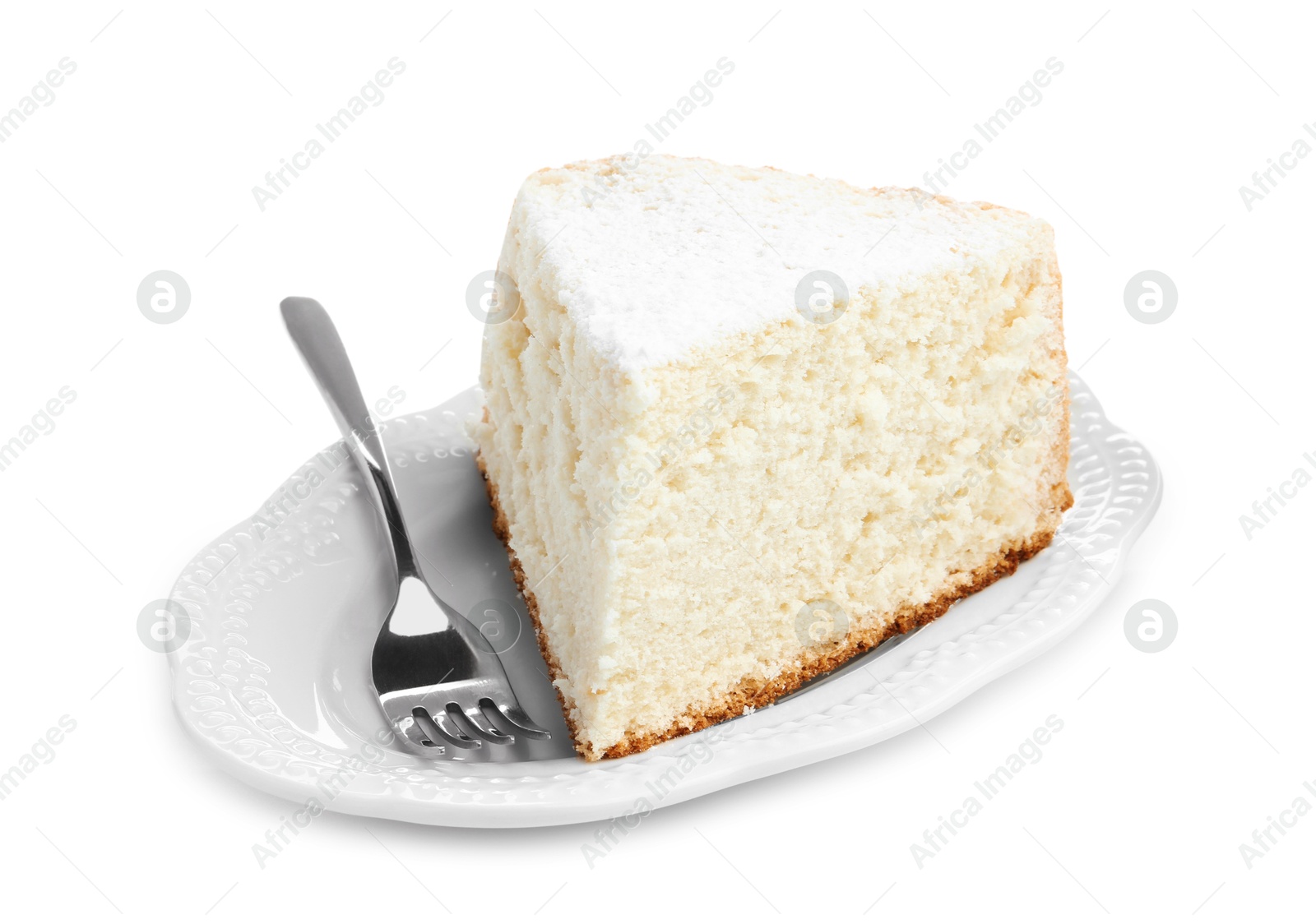 Photo of Piece of delicious sponge cake with powdered sugar and fork isolated on white