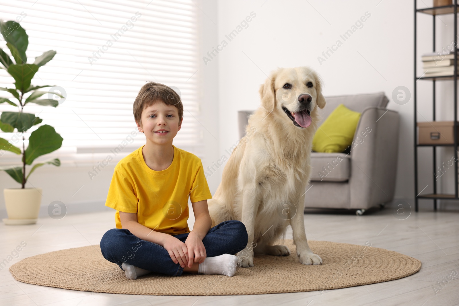 Photo of Boy with his cute dog at home