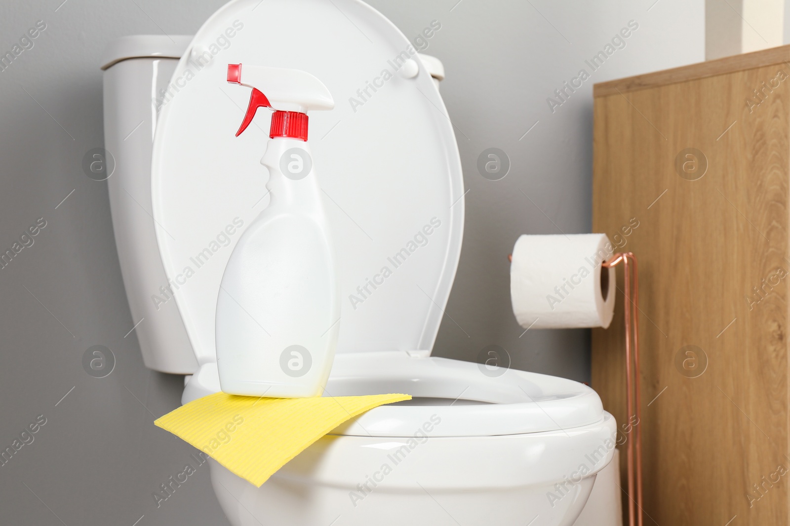 Photo of Detergent and rag on clean toilet in bathroom