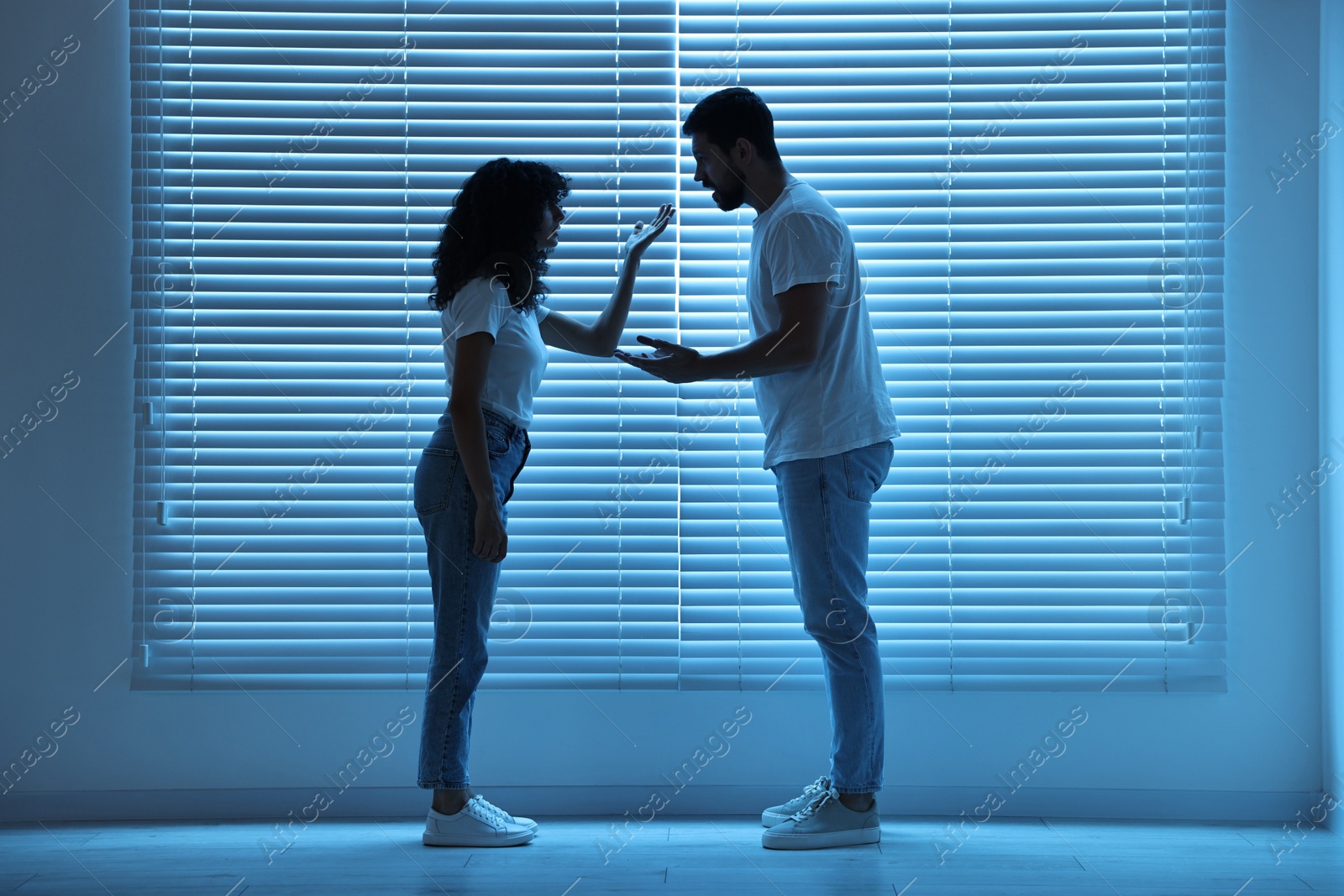 Photo of Emotional couple arguing indoors at night. Relationship problems