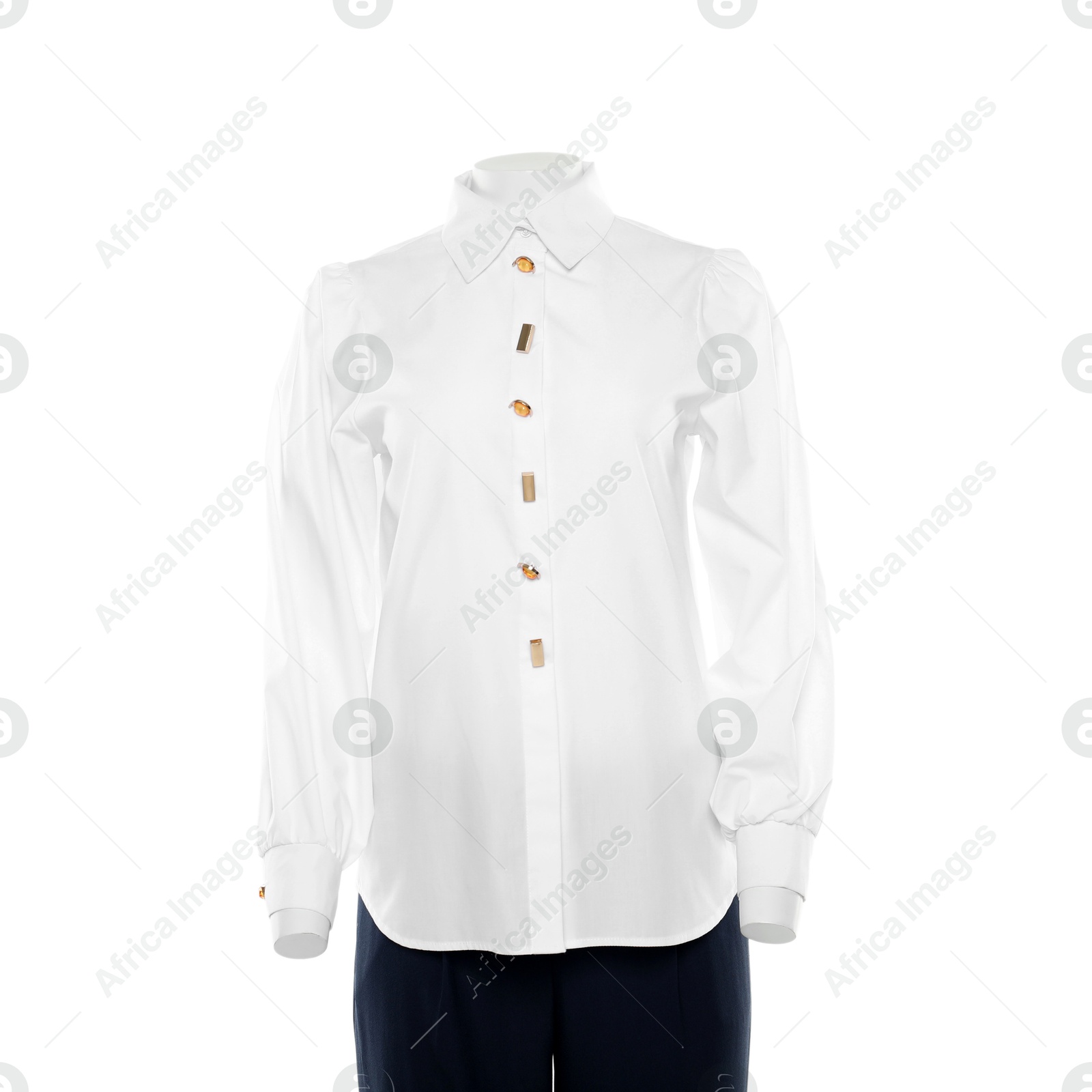 Photo of Female mannequin with stylish shirt and pants isolated on white