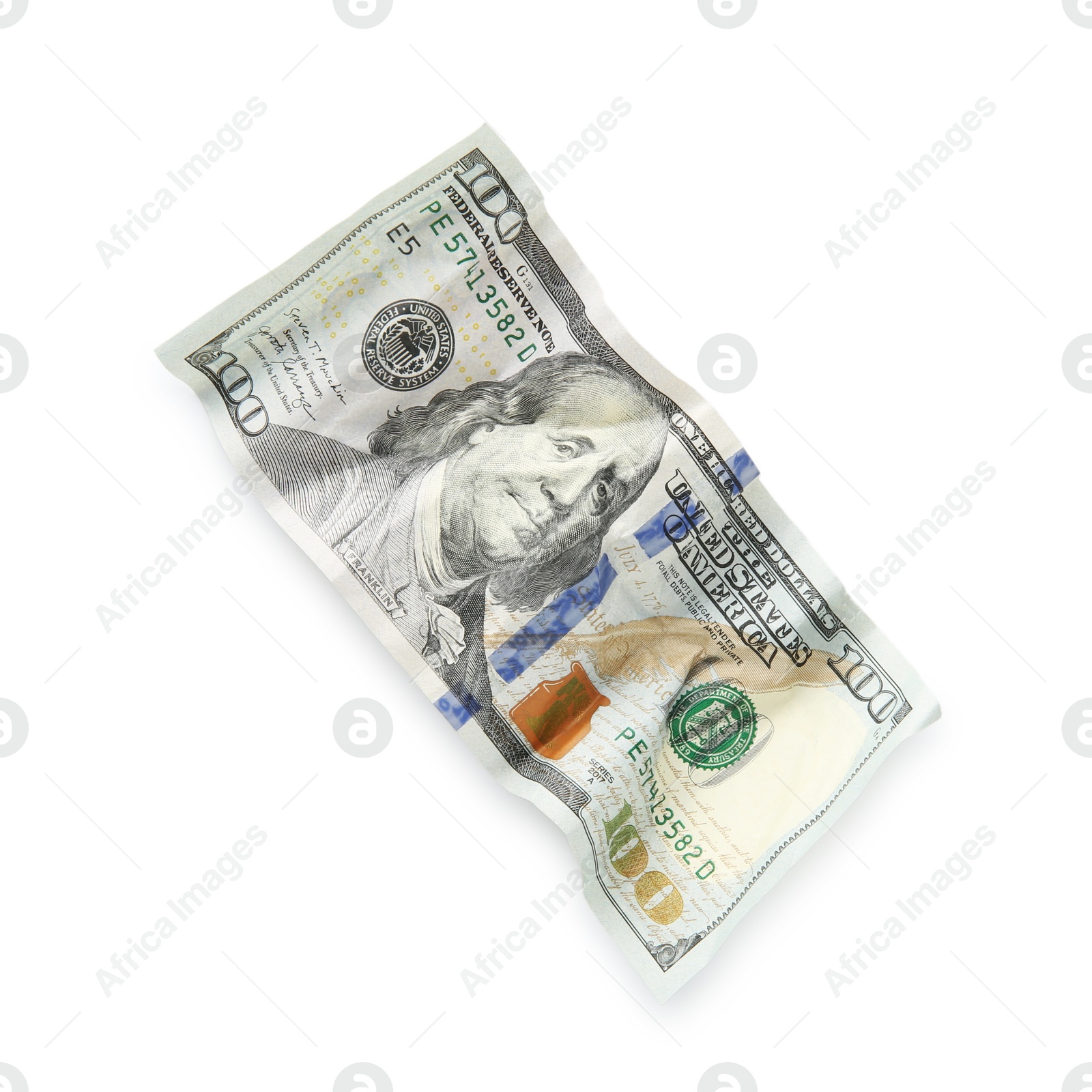 Photo of One crumpled dollar banknote isolated on white, top view