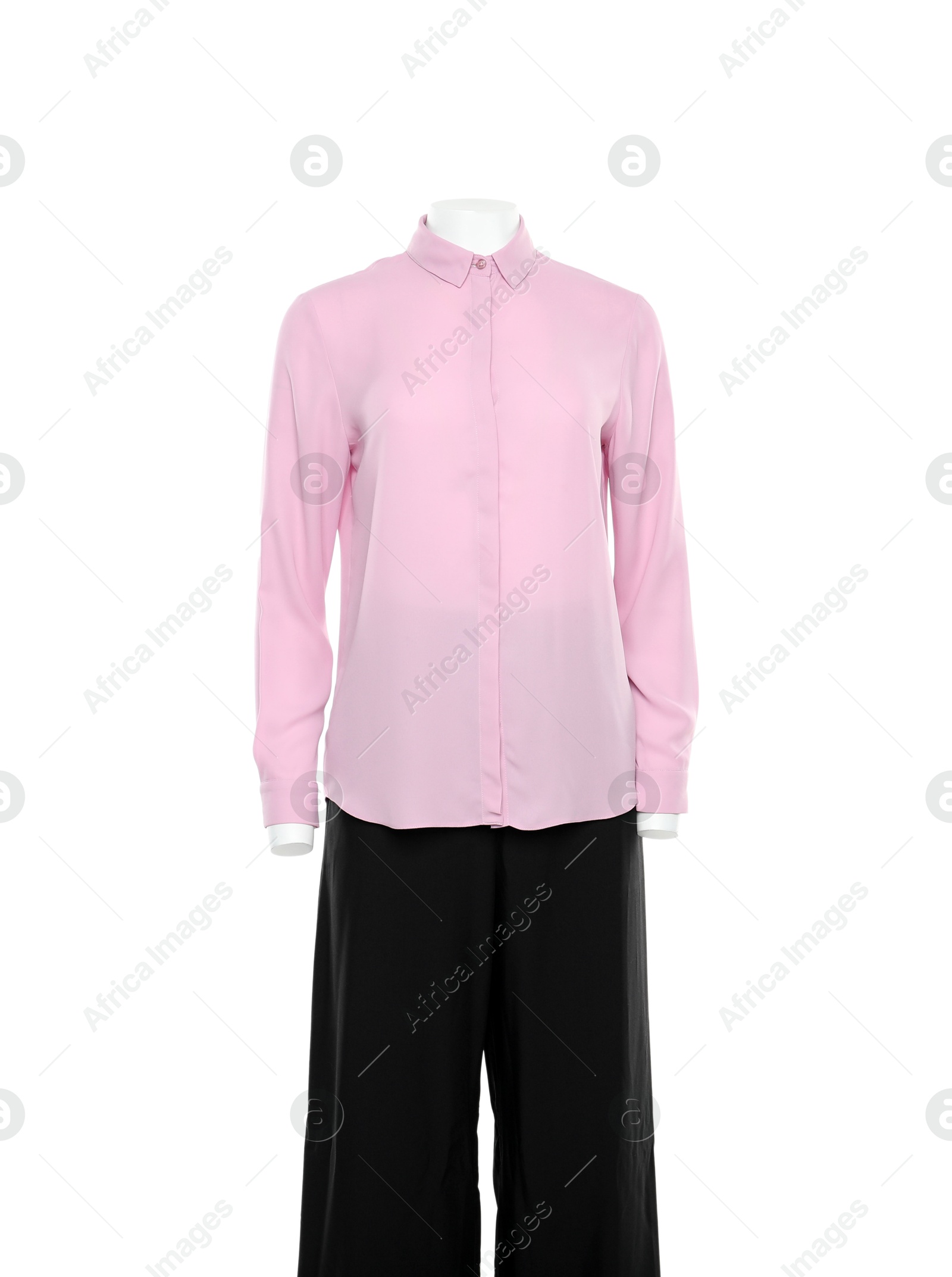 Photo of Female mannequin with stylish shirt and pants isolated on white