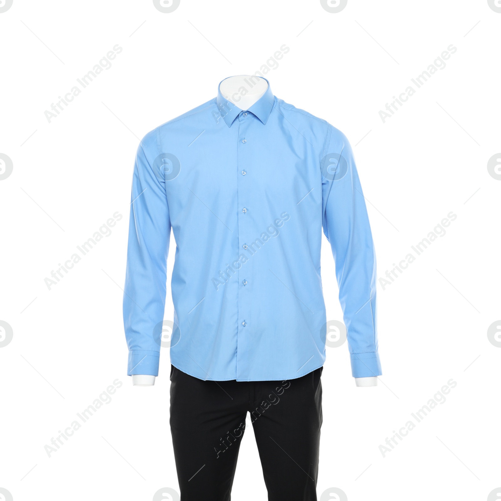 Photo of Male mannequin with stylish shirt and pants isolated on white