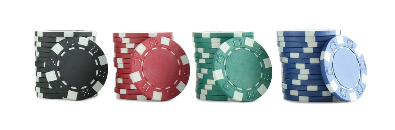 Photo of Poker game. Casino chips isolated on white